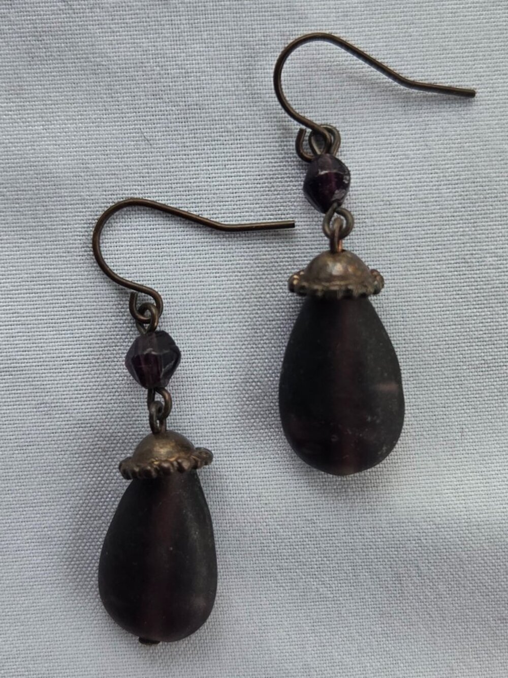 Vintage Burgundy Teardrop Dangle Earrings Ornate Antique Bronze Wire Wrap Hook